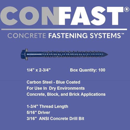 CONFAST 1/4" x 2-3/4" Hex Head Concrete Screw Anchor with Drill Bit for Anchoring to Masonry, Block or Brick (100 per Box) - size: 1/4" x 2-3/4"