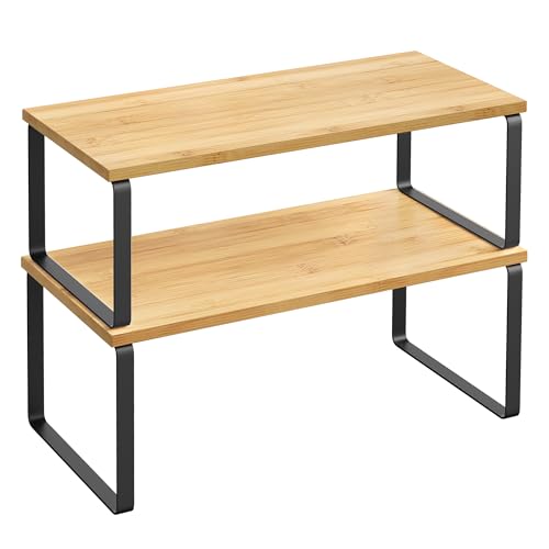 SONGMICS Cabinet Organizer Shelf, Set of 2 Spice Rack, Kitchen Storage - color: Ink Black + Natural Beige, size: 15.6"w