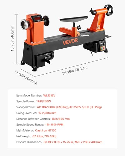 VEVOR Wood Lathe, 6Amp 1 HP Benchtop Wood Lathe Machine with 150 to 3800 RPM Variable Speed 12 x 18" Workbench Brushless DC Motor Cast Iron Construction for Beginners DIY Enthusiasts Woodworking - size: 12" x 18"-1 HP