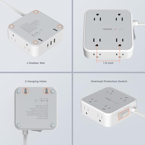 TESSAN Surge Protector Power Strip with 900J Surge Protection, 5 Ft, Grey - color: Grey with Ring Plug, size: 5 feet