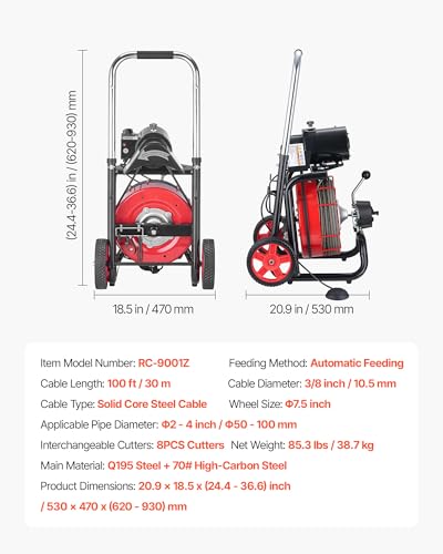 VEVOR Drain Cleaner Machine 100FT x 3/8 Inch, Auto Feed Sewer Snake Auger on Wheels, 370W Portable Drain Cleaning Machine with 8 Cutters & Air-activated Foot Switch for 2" to 4" Pipes - style: 100 FT x 3/8''