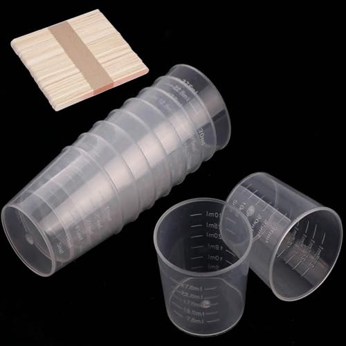 100 Pack 1oz/30ml Plastic Graduated Cups | Transparent Scale Cups with 50 Pack Wooden Stirring Sticks for Mixing Paint, Epoxy, Resin