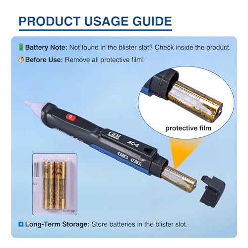 Voltage Tester,CEM AC-6 Non-Contact Voltage Detector,Electrical Tester,AC,LCD Display in Percentage,Buzzer Alarm,Live Wire Tester,Wire Breakpoint Finder - Black-Built-in/External Battery (Random)