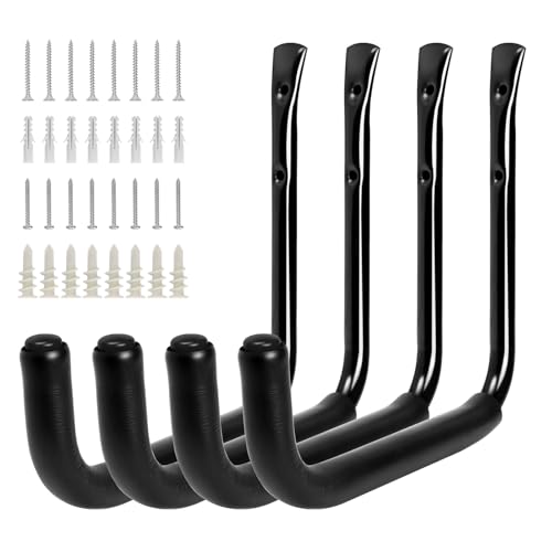 KURUI 10" Garage Organization Wall Hooks, 66 LB Heavy Duty Water Hose Holder for Hanging Ladder Extension Cord Garden Tool Cable, 4 Pcs, Black - size: 10''-4pcs