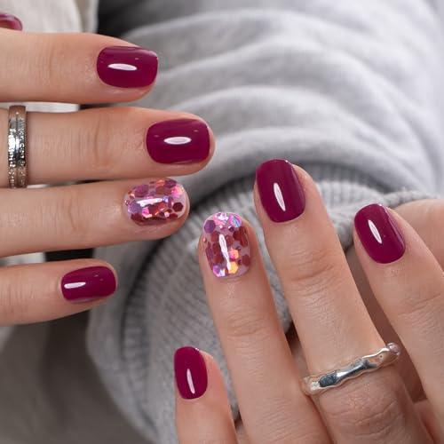 CurvLife Extra Short Square Press On Nails, Wine Gem Purple Pink, Soft Gel - color: C5 - Wine Gem