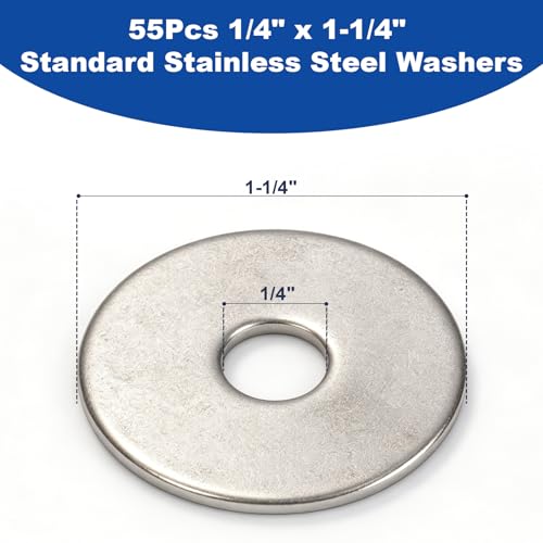 ZQZ 1/4 x 1-1/4" Stainless Steel Flat Washers, 55PCS Fender Washer 1-1/4"OD - size: S-1/4" x 1-1/4"-55 Pieces