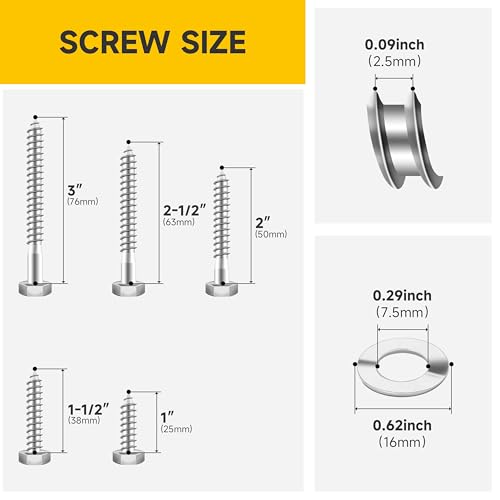 Mywish 1/4 Hex Head Lag Screws Assortment Kit, 109Pcs Heavy Duty Lag Bolts with Washers, 304 Stainless Steel Bolts 18-8 5-Size Wood Screws for Outdoor, Bright Finish 1/4 Bolt - size: 1/4 Assorted Kit