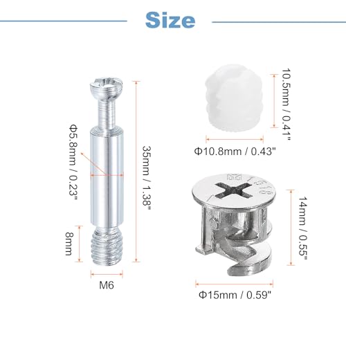 uxcell 10Set 15x14mm Furniture Cam Lock Fitting with 5.8x35mm Dowel Fasteners, 3-in-1 Metal Furniture Board Connecting Screws Bolts Assortment Kit for Cabinets Chairs Drawer - size: 5.8 x 35mm