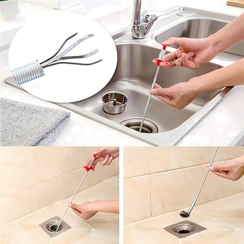 Flexible Drain Clog Remover Tool, Extra Long Plumbing Snake Hair Catcher with 4-Prong Grabber Claw, Heavy-Duty Spring Reacher for Kitchen Sink, Bathroom Tub, Sewer & Dropped Items (63 inch) - color: 63 inch