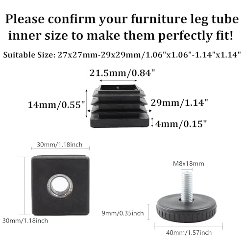 8Pcs Adjustable Leveling Feet, Square Insert Kit, Furniture Glide Leveler, Black, 40x9mm, 30x30x14mm - size: 30x30mm