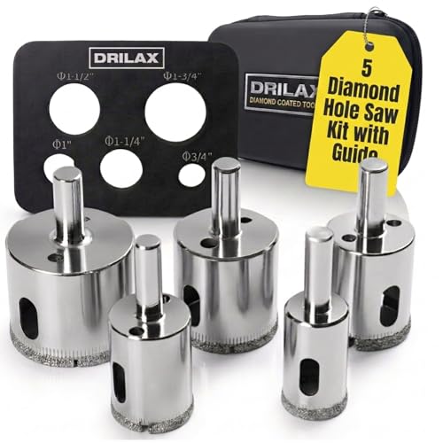 Drilax Diamond Drill Bit Set for Tile Glass Porcelain Granite, 5 Pc Hole Saw Kit with Guide and Case, 3/4 to 1-3/4 Inch Sizes, Clean Cuts for Faucet Drain Planter Holes - style: 5 Pcs Set 3/4" to 1-3/4"