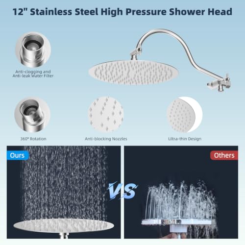 Hibbent All Metal High Pressure Shower Head, 12'' Rainfall Shower Head - color: Chrome, style: Round 12''
