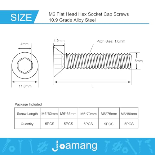 M6 x 60mm 65mm 70mm 75mm 80mm Flat Head Hex Socket Cap Screws Countersunk Bolts, 10.9 Grade Alloy Steel, Black Oxide Finish, Metric Allen Drive, Fully Threaded, Assortment Kit 25Pcs - size: M6x60/65/70/75/80mm