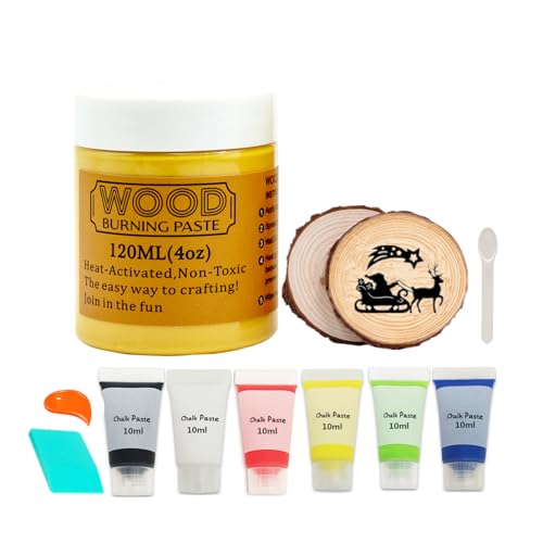 11pcs Wood Burning Kit for Beginners, with 4Oz Wood Burning Paste, 2pcs Wood Slice, 8pcs Craft Paint and Tool, Heat Activated Wood Burner Gel Wood Engraver Ideal for DIY Crafts and Art Projects