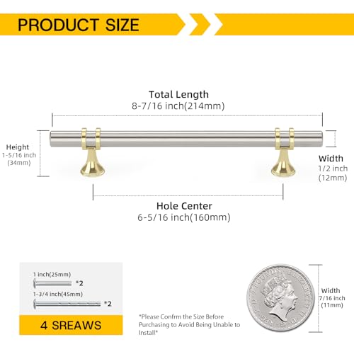 Rergy 10 Pack 6-1/4 Inch Hole Center Brushed Nickel and Gold Cabinet Pulls - color: Brushed Nickel&Gold, size: 6-5/16in Hole Center(160mm)