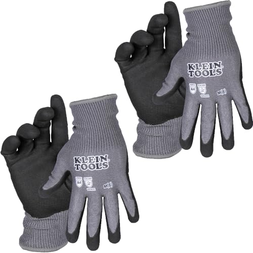 Klein Tools 60588 Work Gloves, Knit Dipped Cut Resistant ANSI A4 Nitrile Coated Gloves, HPPE Fabric, Touchscreen Capable, Medium, 2-Pair - style: Medium