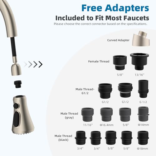 Hibbent NSF/ANSI/CAN 61 & 372 Certified Pull Down Kitchen Faucet Head - color: Brushed Nickel, style: 1.8 Gallon Per Minute