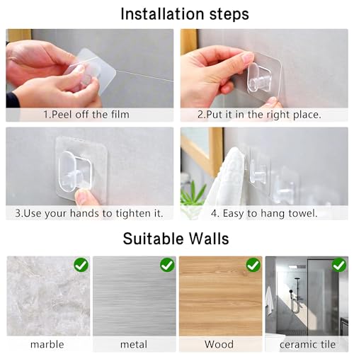 DELITON Drill Free Wall Hooks for Towels & Robe, 10 Pack, Adhesion - Shower Hanger Hook Stick on Wall for Bathroom - color: Transparent-1
