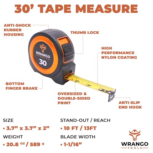 30 FT Tape Measure - Retractable Measuring Tape - Oversized & Double-Sided Print - Blade Lock, Finger Brake - High Performance Nylon Coating, 10' Stand-Out - 13' Reach / 1-1/16" Blade - size: 30 FT, style: Single