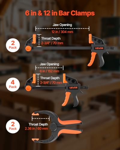 VEVOR Bar Clamps for Woodworking, 8-Pack, 6" and 12", with Spring Clamps, One-Handed Clamp/Spreader, 154 lbs Load Limit, Quick Release, Self-Locking Design, for Wood Working and Metal Working - size: 12"& 6" (8 Pack), style: Quick Grip