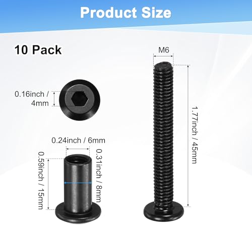 M METERXITY 10-Pack Hex Drive Socket Cap Bolt, M6 x 45mm Carbon Steel Furniture Connector Bolts Barrel Nuts for Furniture Assembly/Cabinet/DIY Binding Post Screws Rivet Fasteners [Black] - size: M6 x 45mm
