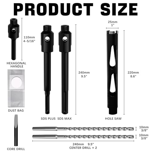 Diamond Core Drill Bit 1"(25mm) with Pilot Bit & Adapters (SDS Plus & Hex) – Upgraded Welded Segments, 8.6" Depth – for Concrete, Solid Brick, Hollow Brick, Masonry & More - size: (1"/25mm)