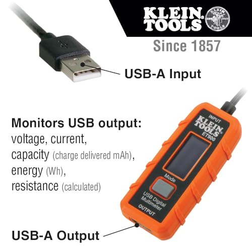 Klein Tools ET900 USB Power Meter, USB-A Digital Meter for Voltage, Current, Capacity, Energy Resistance - style: USB-A Meter