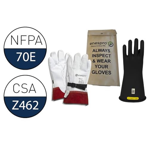 Enespro Class 2 Insulated Electrical Gloves Kit, 17,000V AC/25,500V DC - color: Black, size: Size 10 (Pack of 1)