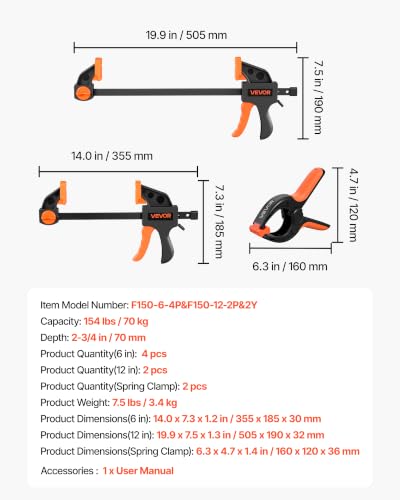 VEVOR Bar Clamps for Woodworking, 8-Pack, 6" and 12", with Spring Clamps, One-Handed Clamp/Spreader, 154 lbs Load Limit, Quick Release, Self-Locking Design, for Wood Working and Metal Working - size: 12"& 6" (8 Pack), style: Quick Grip