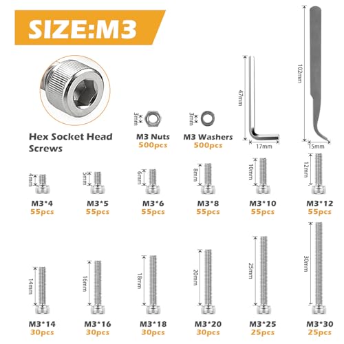 VIGRUE 1500PCS M3 x 4/5/6/8/10/12/14/16/18/20/25/30mm Screws Hex Socket Head Cap Bolts Nuts Kit, M3 Stainless Steel Screws Assortment Set with Allen Wrench and Tip Curved Tweezer