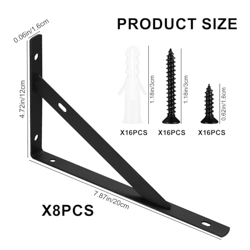 Heavy Duty Shelf Brackets - 8 Pcs Metal Wall Mount L Shaped Shelves Support Angle Brackets (7.87x4.72 inch) - size: 7.87 x 4.72 inch Black