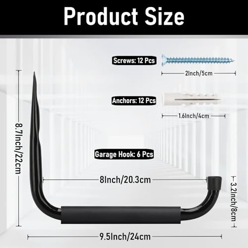 Heavy Duty Steel Garage Storage Hooks, 9.5Inches Jumbo Arm Ladders Utility Rack, Wall Mounted Hanger Organizer for Tools, Bikes, Jeep Door - style: 9.5Inch, pack of 6