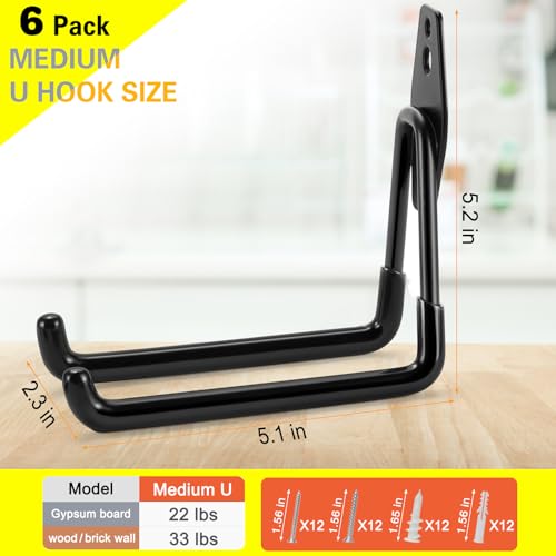 6 Pack Garage Hooks Heavy Duty Storage Organizer Wall Mount Power and Garden Tool Hangers, for Hanging Ladders, Ropes, Hose, Bulk Items - color: Black 6 pack