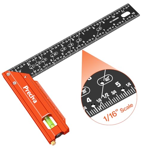 Preciva 12" Aluminum Carpenter Square (1/16" Scale)- Multifunctional Right Angle Ruler with Level Bubble - Angle Guides for Woodworking, Framing & DIY