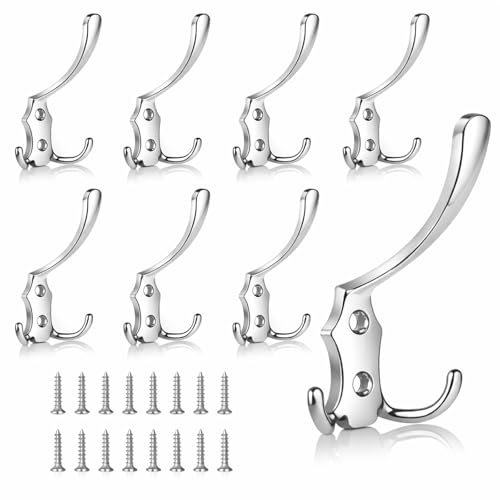 8 Pack Large Coat Hooks, Heavy Duty Three Prong Silver Metal Wall Hooks - color: Silver, size: 8PCS