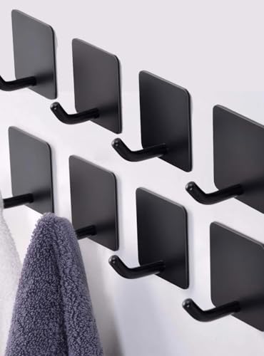 Adhesive Towel Hooks for Bathrooms, 8 Piece Towel Hooks for Hanging Hat Robe Coat, Stick on Hooks for Kitchens, Strong Self-Adhesive No Damage Sticky Hook, Black - color: Black-45°
