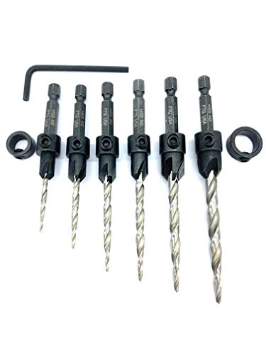 FTG USA 6 Pc Wood Countersink Set #4#6#8#10#12#14 w/ 2 Depth Stop Collars - size: #4#6#8#10#12#14, style: with Depth Stop