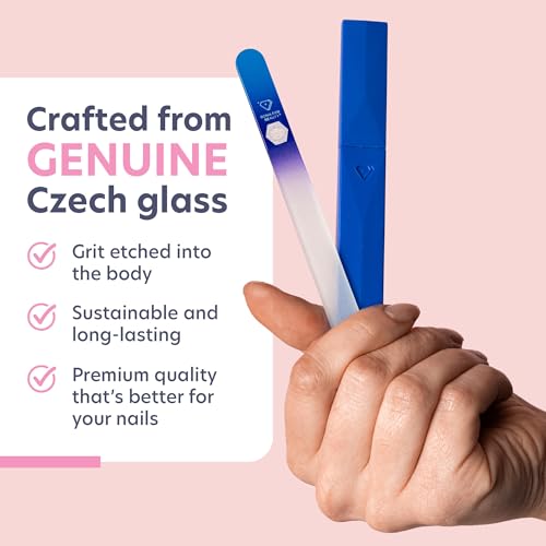 Bona Fide Beauty Glass Nail File with Case (Aqua Cobalt), Made in Czech | Genuine Bohemian Czech glass nail file for natural nails, reusable etched fine grit nail filer, easy to wash nail file - color: Aqua/Cobalt
