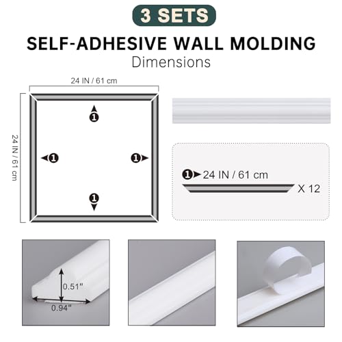 Melkus Peel and Stick Wall Molding Kit, 3 Sets 24" x 24" Precut Wainscoting Panels, Self Adhesive Molding Trims for Interior Wall Décor - size: 3 Set/24"x24"