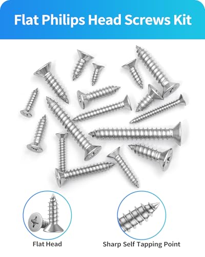 550Pcs 304 Stainless Steel Wood Screws Assortment Kit, Phillips Flat Head Sheet Metal Screw Self Tapping Screws Set, #4#6#8#10#12 Wood Assorted Screws, Length 1/4" to 1-1/2" (Flat Head 550PCS) - style: Flat Head 550PCS
