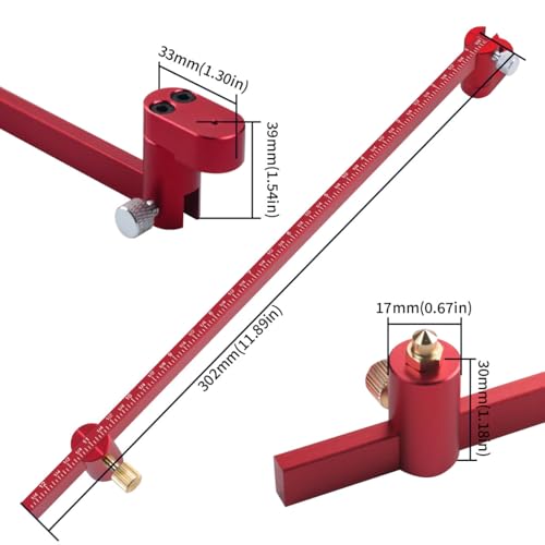 Imperial 300mm Woodworking Compass Scribe, Aluminum Adjustable Drawing Circle Ruler, Woodworking Scriber Tool, Compass Drawing Tool, Center Finder Fixed-Point Circle Line Marking Gauge
