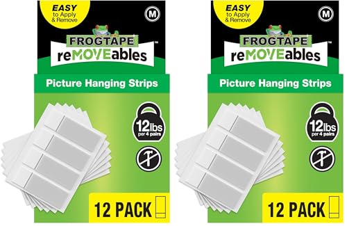 FrogTape reMOVEables Medium Picture Hanging Strips, Damage-Free Removable Adhesive Wall Strips, Picture Hangers, Stick On Wall Mounting for Frames, Canvas, Home Décor, White, 12 Pairs (24 Pieces) - size: 12 Pairs (Pack of 2), style: Medium