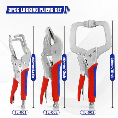 Locking Pliers Set 3-Pack, Welding Clamps Set with 11" C-Clamp, 10" Duckbill & U-Shape Jaws for Sheet Metal Bending, Auto Repair, Fabrication