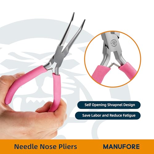 MANUFORE 2-Piece 6 Inch Pink Mini Needle Nose Pliers, Straight and 45° Bent - color: Pink