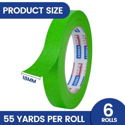 ADHES Green Masking Tape Painter Tape 18mm x 50m | 6Rolls x 0.7Inch x 55Yard,Clean Removal, No Residue, Multi-Surface,Ideal for Painting DIY Arts Crafts Labeling - size: 18mm x 50m