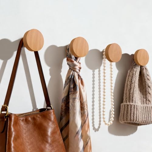 4 Pack Wood Wall Hooks Round Wooden Coat Hooks Adhesive Hooks Heavy Duty