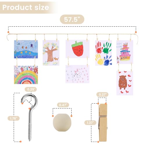 KLOGTSIND Kids Art Display Wall Decor, Wood Beads Garland with 34 Clips - color: Brown