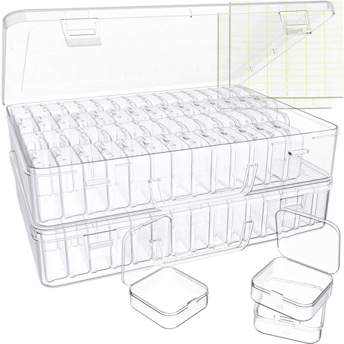 Bead Organizer Box, 120 Pack Small Clear Storage Boxes with Labels, Large Travel Craft Case with Handle, Mini Plastic Containers for Jewelry Making Diamonds DIY Pony Bracelet Screws Seeds Small Parts - size: 2 Pack 120 Pcs