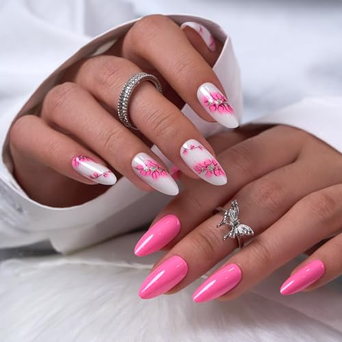 CurvLife Long Almond Floral Press On Nails, Petal Muse Hot Pink, Soft Gel - color: Petal Muse
