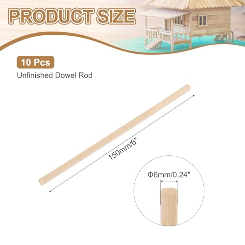 MECCANIXITY Wooden Dowel Rods,(6mm) 1/4 x 6 Inch Round Wooden Rod Unfinished Solid Wood Sticks Crafts Wand for Arts Decoration, Craft and DIY Projects Wand,Pack of 10 - size: (6mm)1/4 x 6 Inch